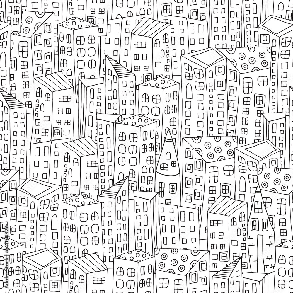 Seamless Pattern for coloring book with artistically city houses.