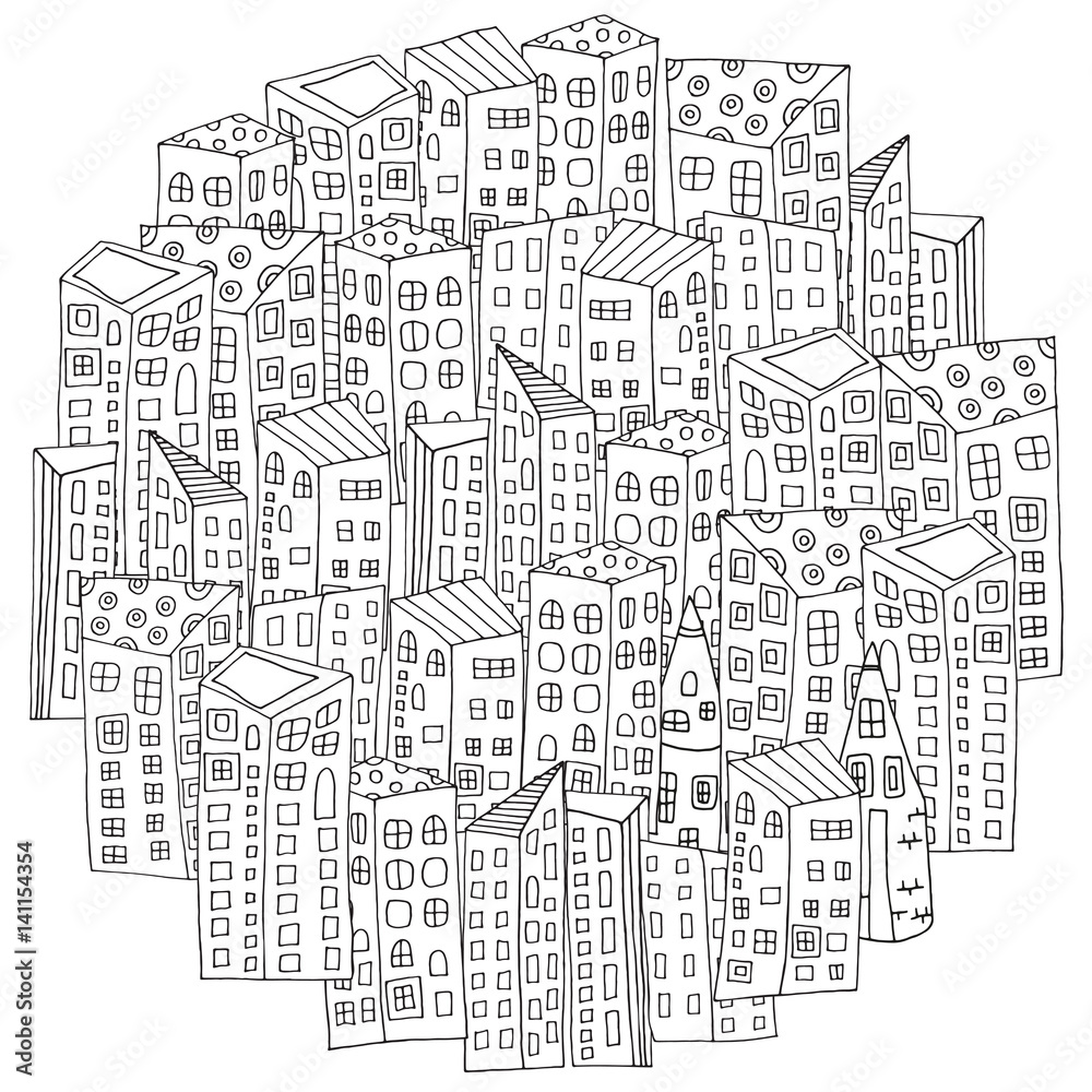 Pattern for coloring book with artistically city houses.
