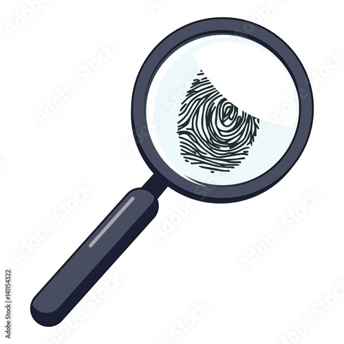 Magnifier and fingerprint icon, cartoon style
