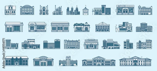 Vector set isolated icons architecture buildings linear style