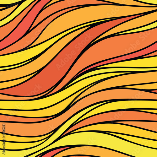 Vector color hand-drawing seamless wave background. Red and yellow abstract sunny texture.