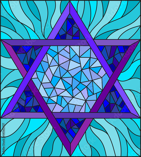 Illustration in stained glass style with an abstract six-pointed blue star on a blue background