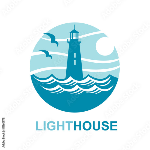lighthouse icon design with ocean waves and seagulls