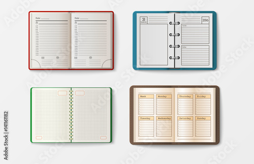 Set of open realistic notebooks with pages diary office sheet template booklet and blank paper education copybook organizer vector illustration.