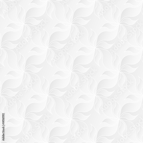 Neutral white texture. Decorative background with 3d pleated paper effect. Vector seamless repeating pattern with floral elements.