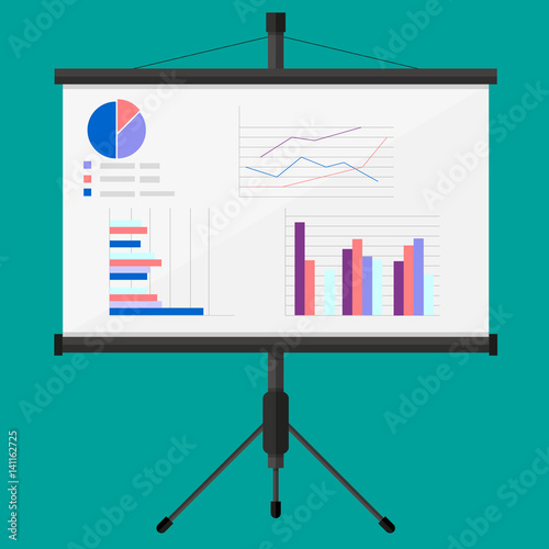 Projector screen with business presentation. chart pie, financial report. vector illustration in flat style