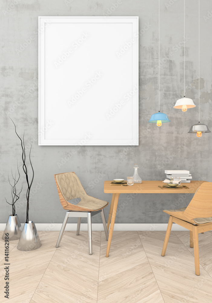 mock up of the poster in a frame on the wall with plaster in a modern interior. 3D visualization mock up of the poster in a frame on the wall with plaster in a modern interior. 3D visualization