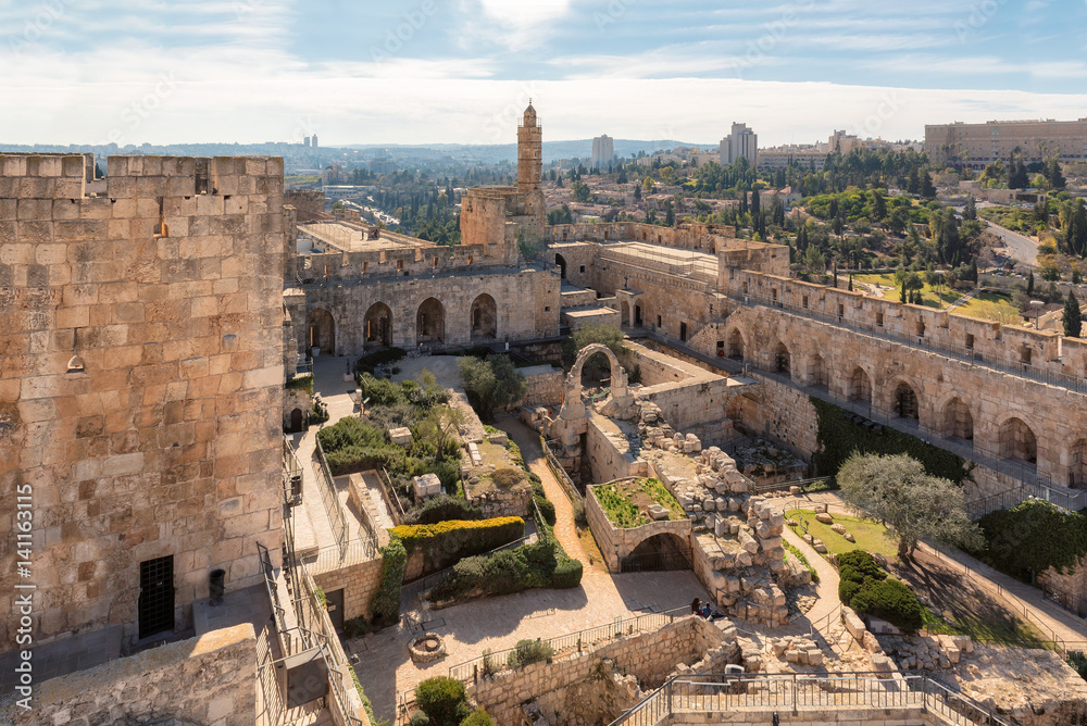 Aerial view to ancient Jerusalem Citadel and theTower of David, near the Jaffa Gate in Old City of Jerusalem, Israel.