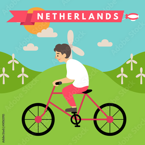 Vector illustration of man riding bicycle with wind turbines, Netherlands