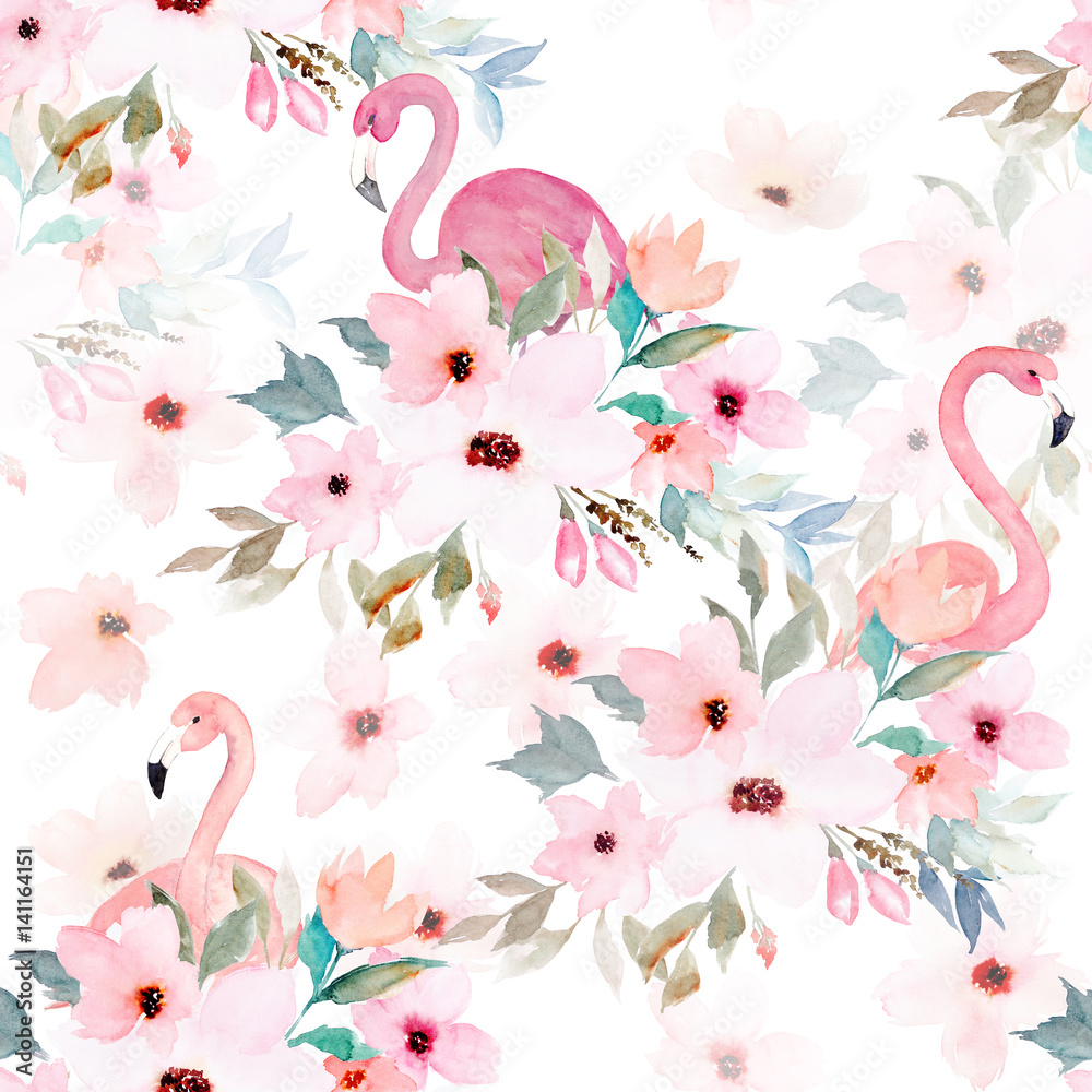 Akwarela bezszwowe wzór. Kwiatowy nadruk z flamingo