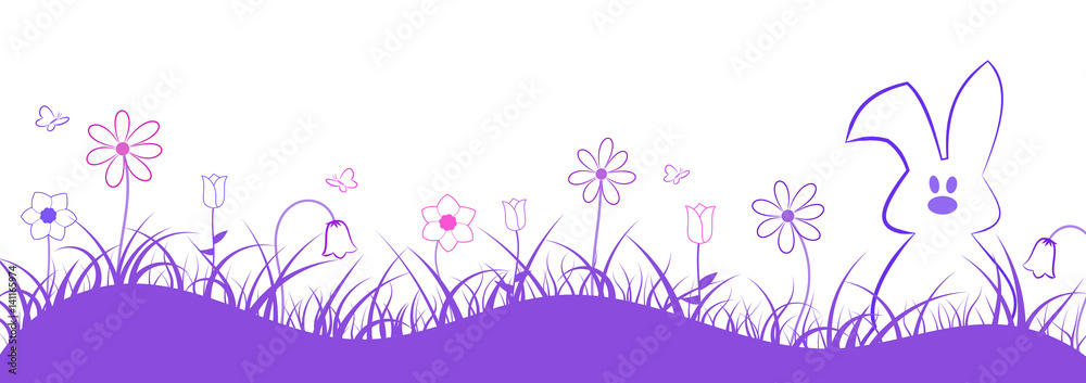 Springtime. Rabbit and butterfly in field of different flowers and grass. Purple shades.