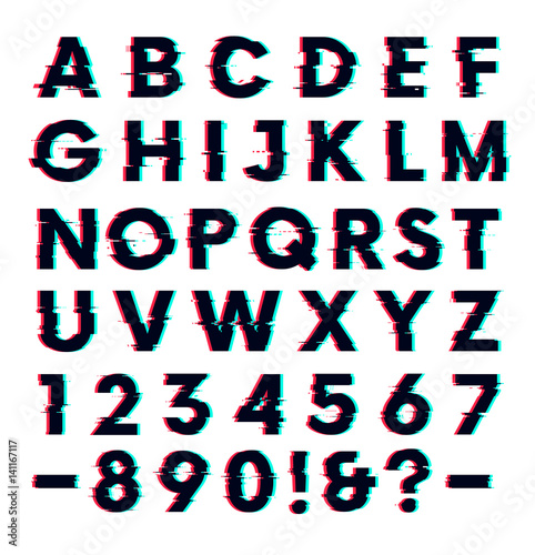 Glitch font with distortion effect vector letters and numbers, light background