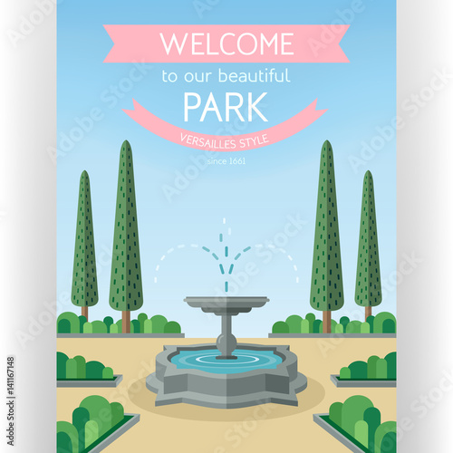 Welcome to park poster template. Abstract idyllic landscape with streaming fountain and arranged trees.