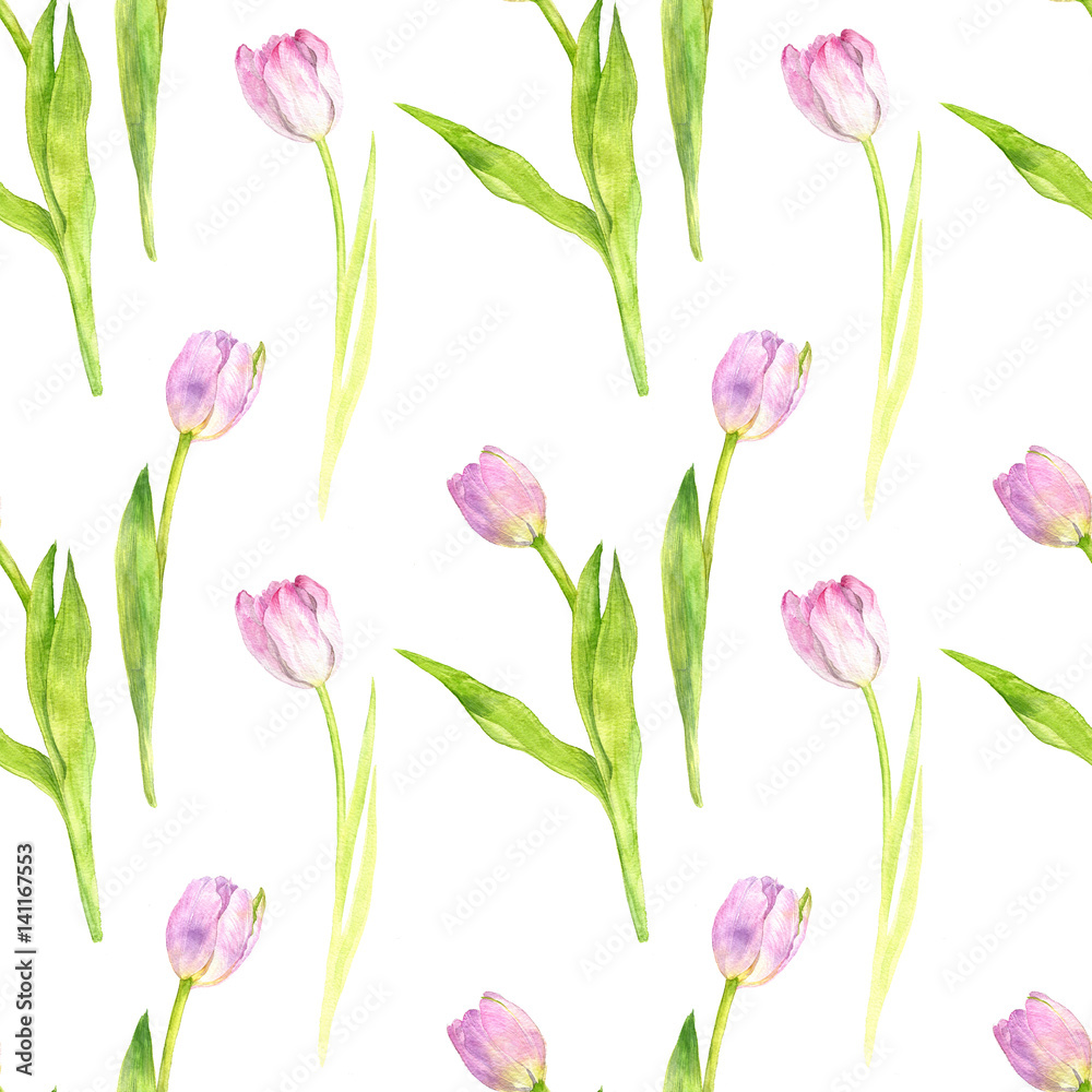 seamless pattern with watercolor pink tulips