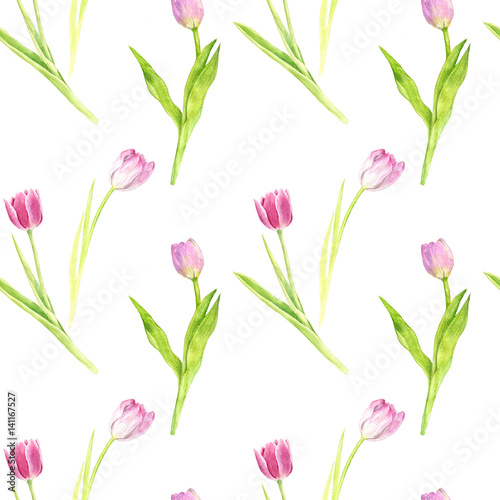 seamless pattern with watercolor pink tulips