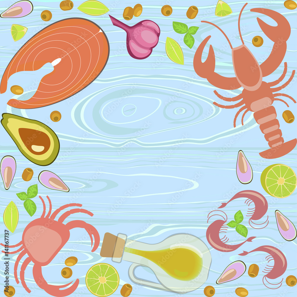 Fresh seafood flat design with copy space on wooden blue background. Top view vector illustration eps 10