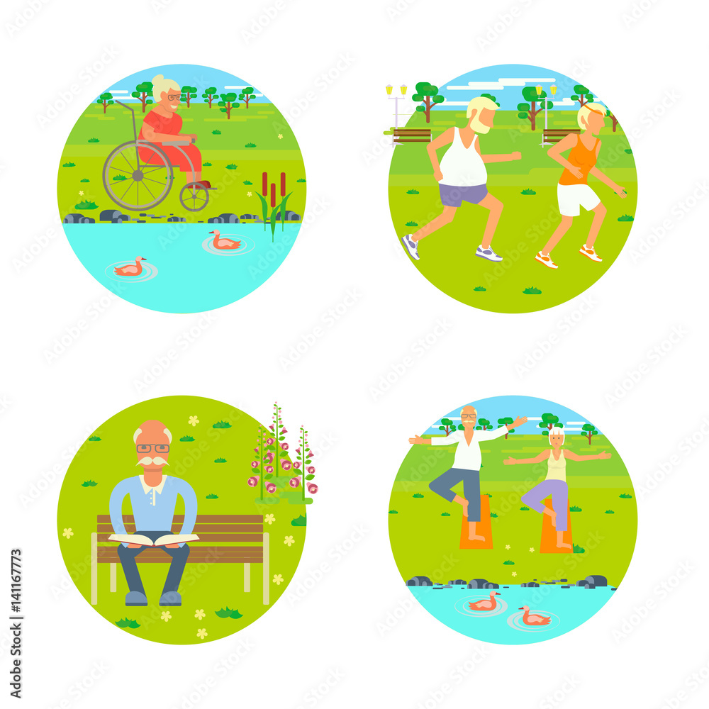 Banners of Retired elderly seniors age couple in flat character design. Grandpa and grandma walking in the park. Grandparents with walking stick and invalid chair outdoor isolated. Vector eps 10