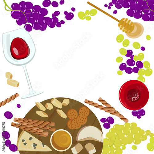 Grapes, honey, cheese with glass of wine on the white background. Top view Vector illustration eps 10
