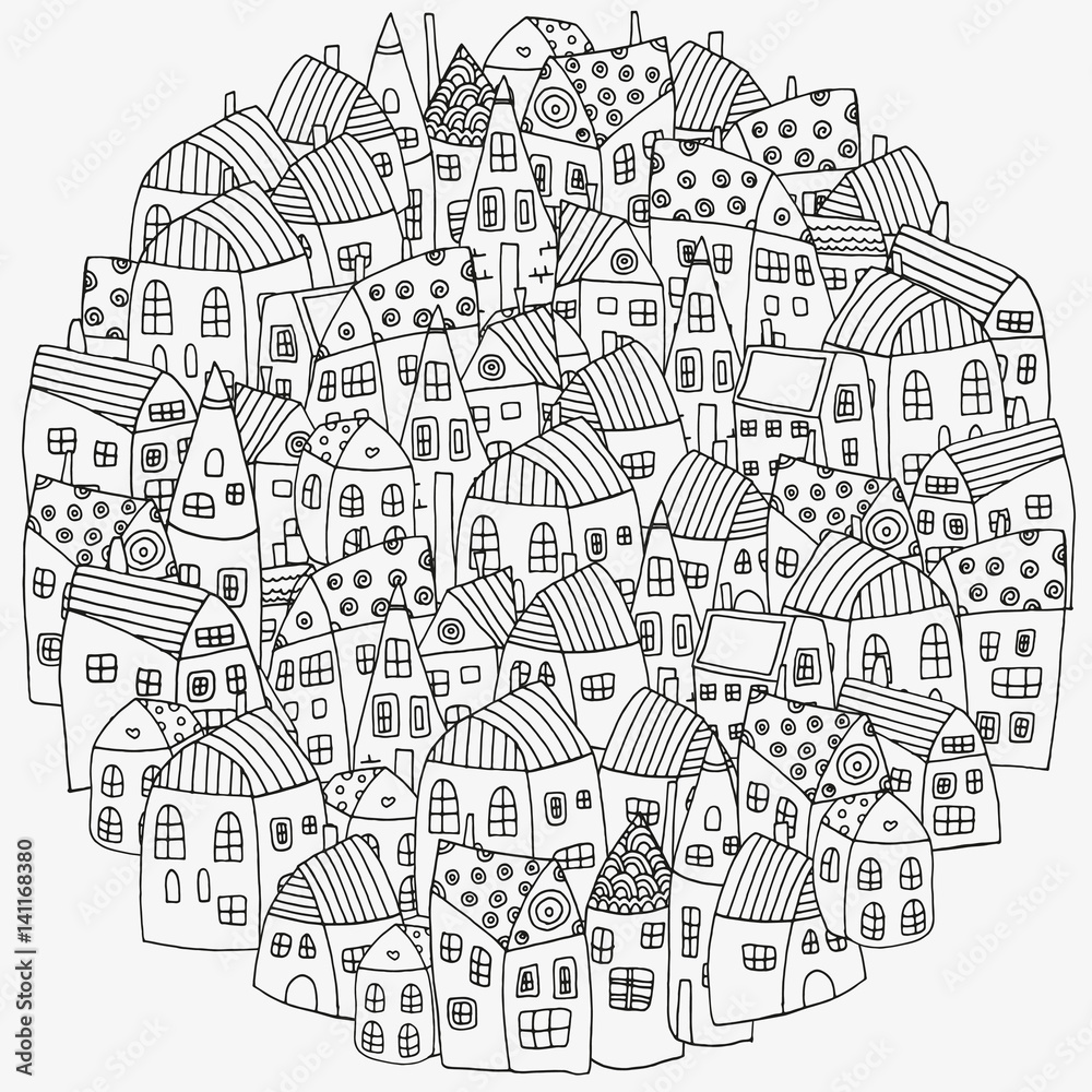 Pattern for coloring book with artistically houses. Street background. Ink pen. Zentangle. Black and white pattern in vector.
