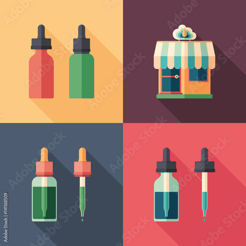 Set of vape shop bottles flat square icons with long shadows.