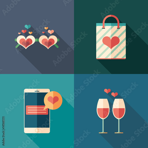Set of feelings and relationships flat square icons with long shadows.
