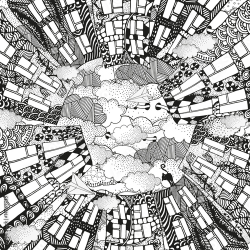 Coloring book page for adult and children. Street.