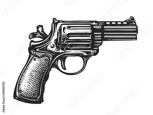 Hand drawn revolver gun. Firearm, pistol sketch. Vintage vector illustration