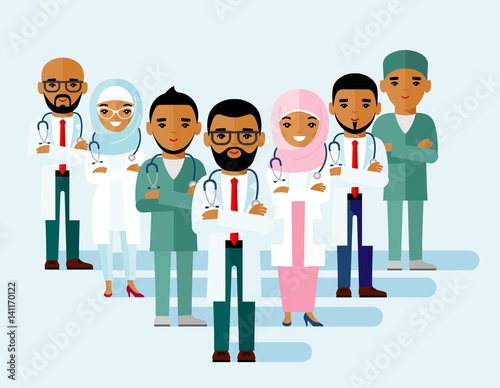 Set of  arab medical people, muslim doctor. 
 Vector illustration diversity practitioner, physician, nurse.
