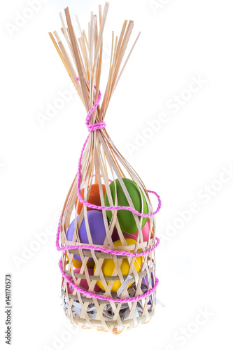 color eggs on bamboo tray