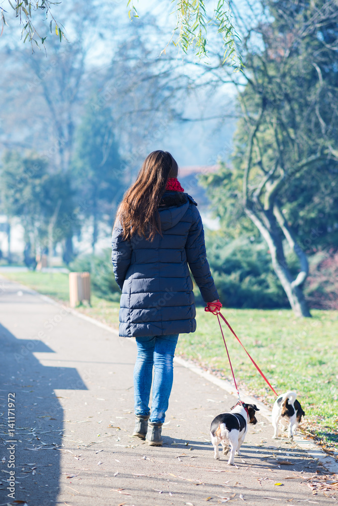 Beautiful and happy woman enjoying with dogs in park Beautiful and happy woman enjoying with dogs in park
