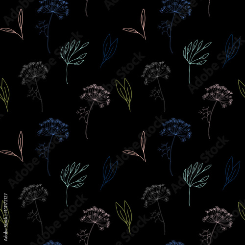 Vector floral seamless pattern with dill or fennel flower and stylized leaves .