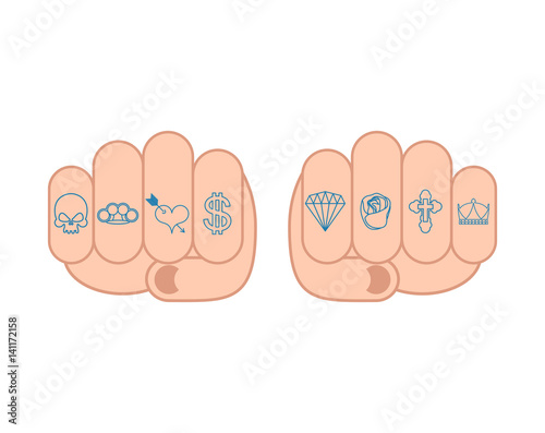 Fist with tattoos on fingers. Skull and brass knuckles. Heart and dollar. Brilliant and rose. Cross and Crown