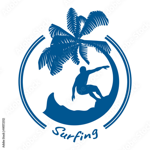 Active lifestyle, sport and rest. Surfer, palm tree, wave