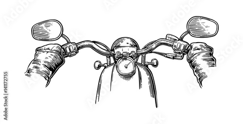 Biker driving motorcycle rides. First-person view