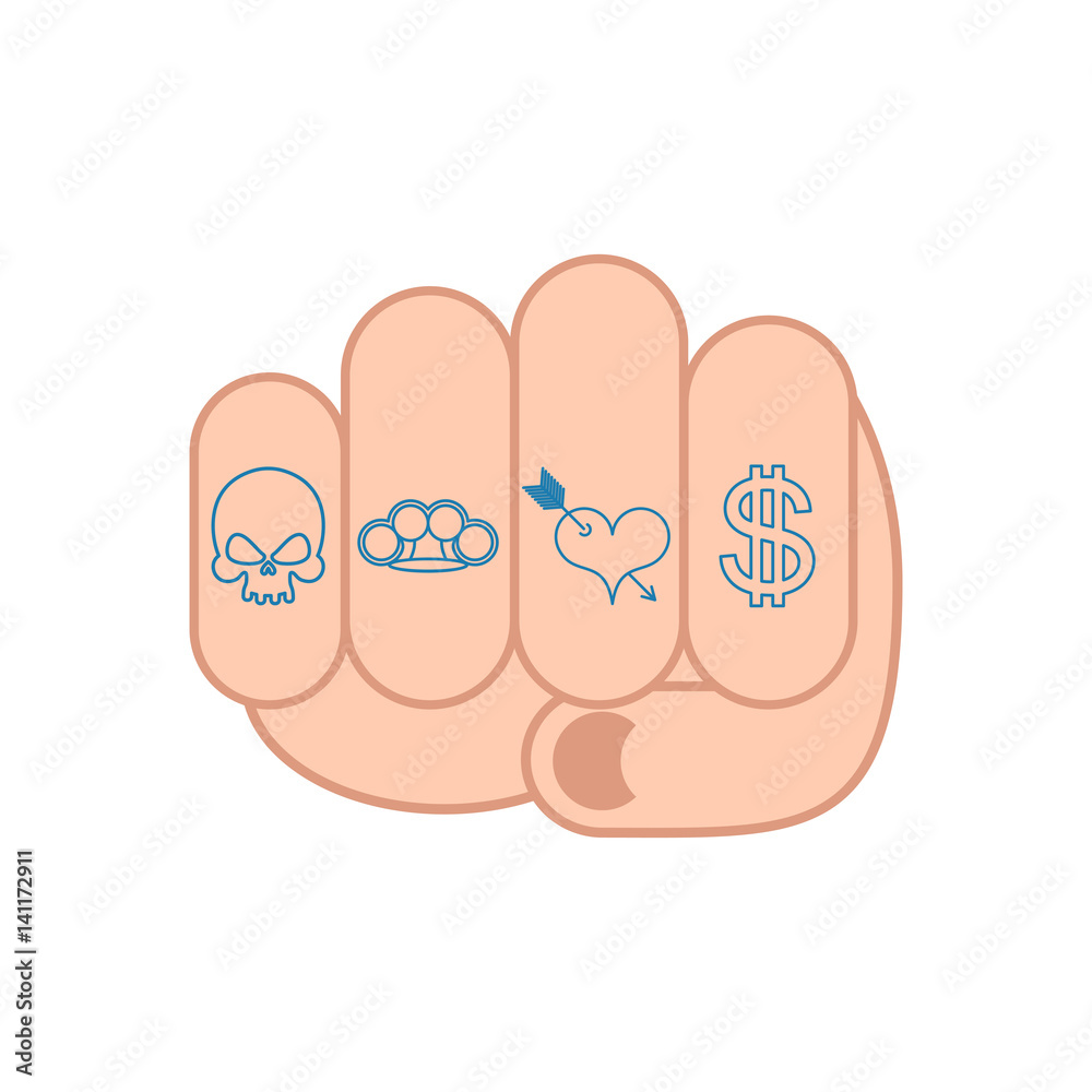 Fist with tattoo on fingers. Skull and brass knuckles. Heart and