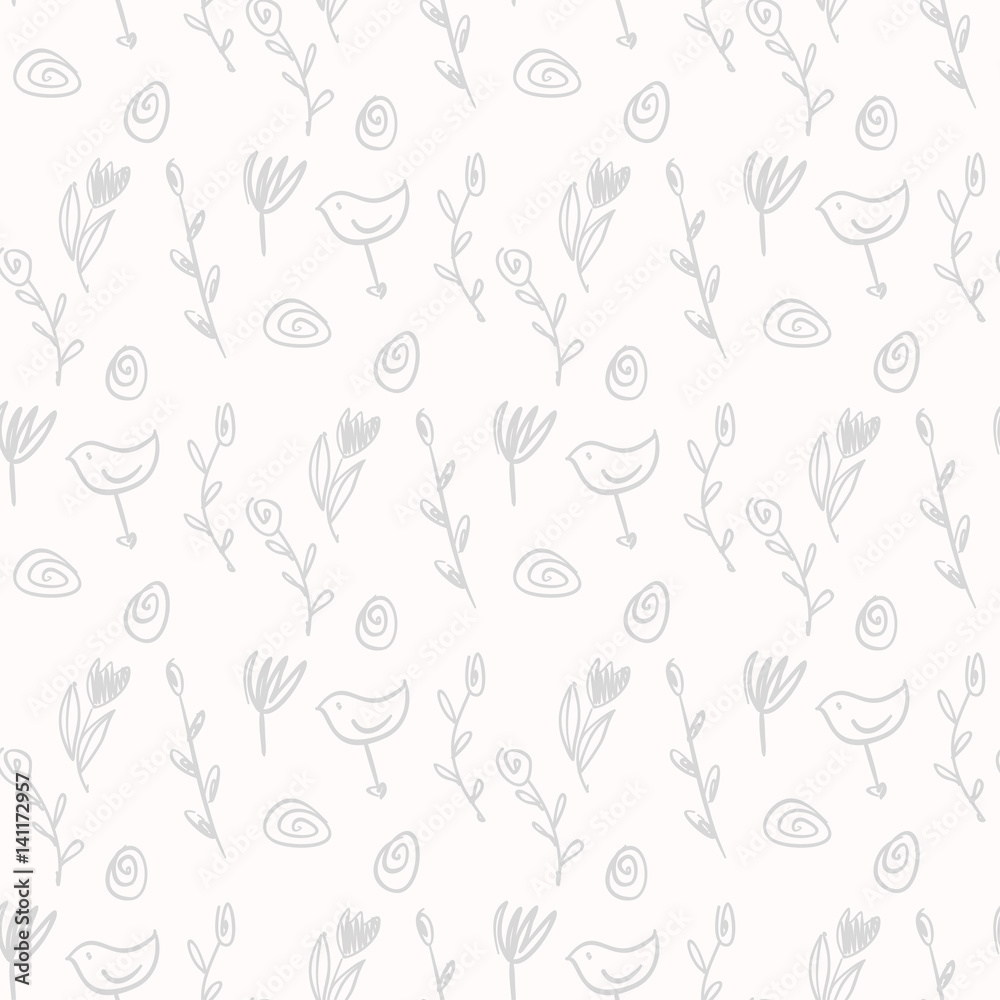 Easter seamless pattern. Sketch drawing festive eggs, spring twigs, flowers and birds. Vector texture on solid background. Easter seamless pattern. Sketch drawing festive eggs, spring twigs, flowers and birds. Vector texture on solid background.