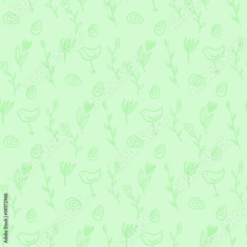 Easter seamless pattern. Sketch drawing festive eggs  spring twigs  flowers and birds. Vector texture on solid green background.