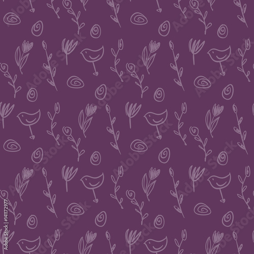 Easter seamless pattern. Sketch drawing festive eggs, spring twigs, flowers and birds. Vector texture on solid purple background.