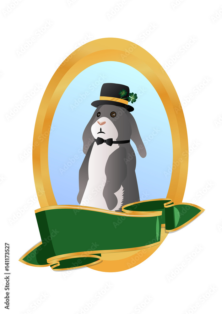 Gray rabbit gentleman in a hat in a gold box with ribbon. Vector ...