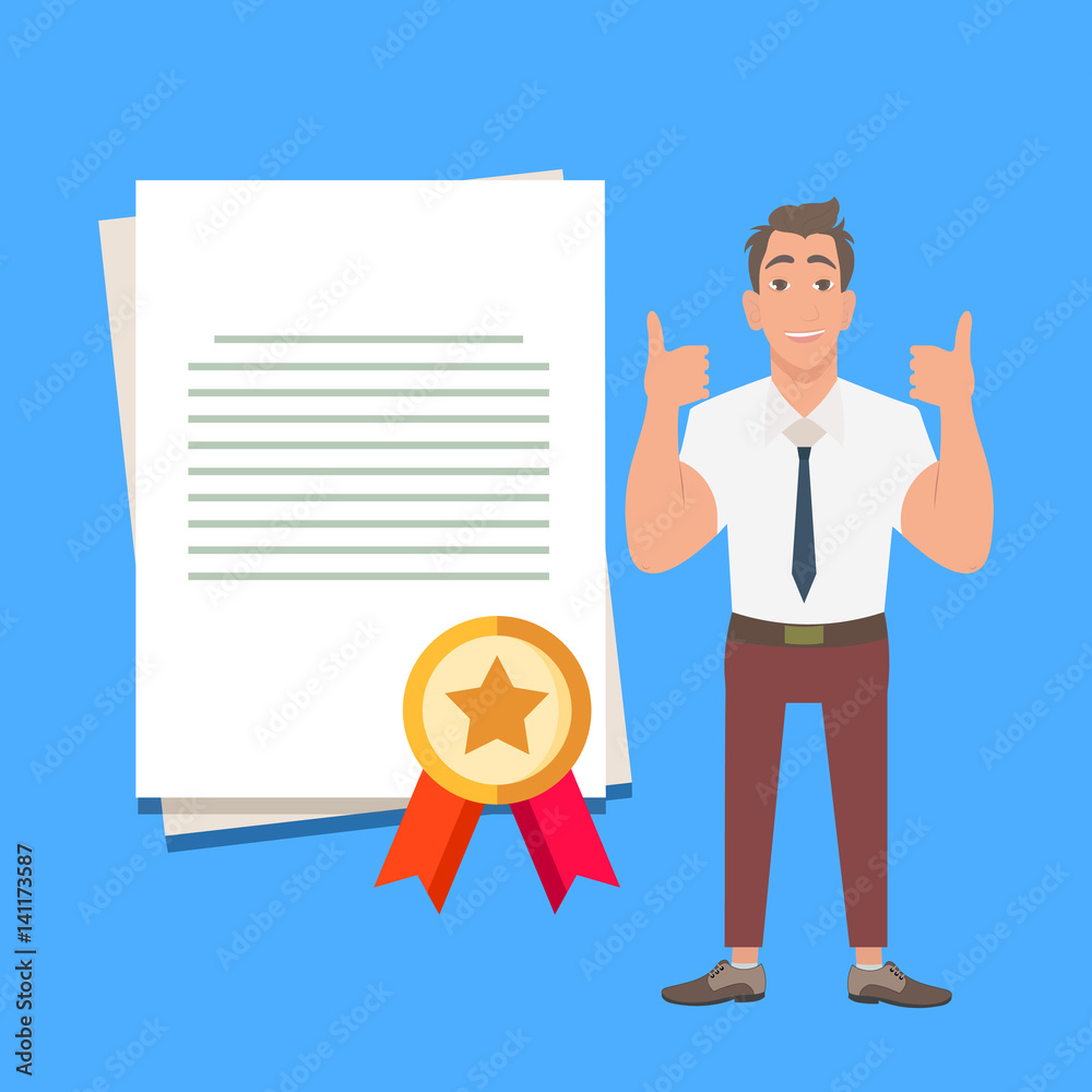 Businessman showing thumbs up for quality assurance. Large type certificate document with a guarantee.