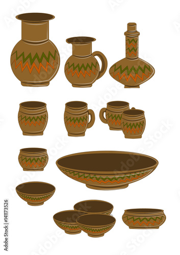 Collection of pottery of different ethnic orange and green pattern. Cups, saucers, plates, glasses, pitcher, bowl. Vector illustration, isolated on a white background.
