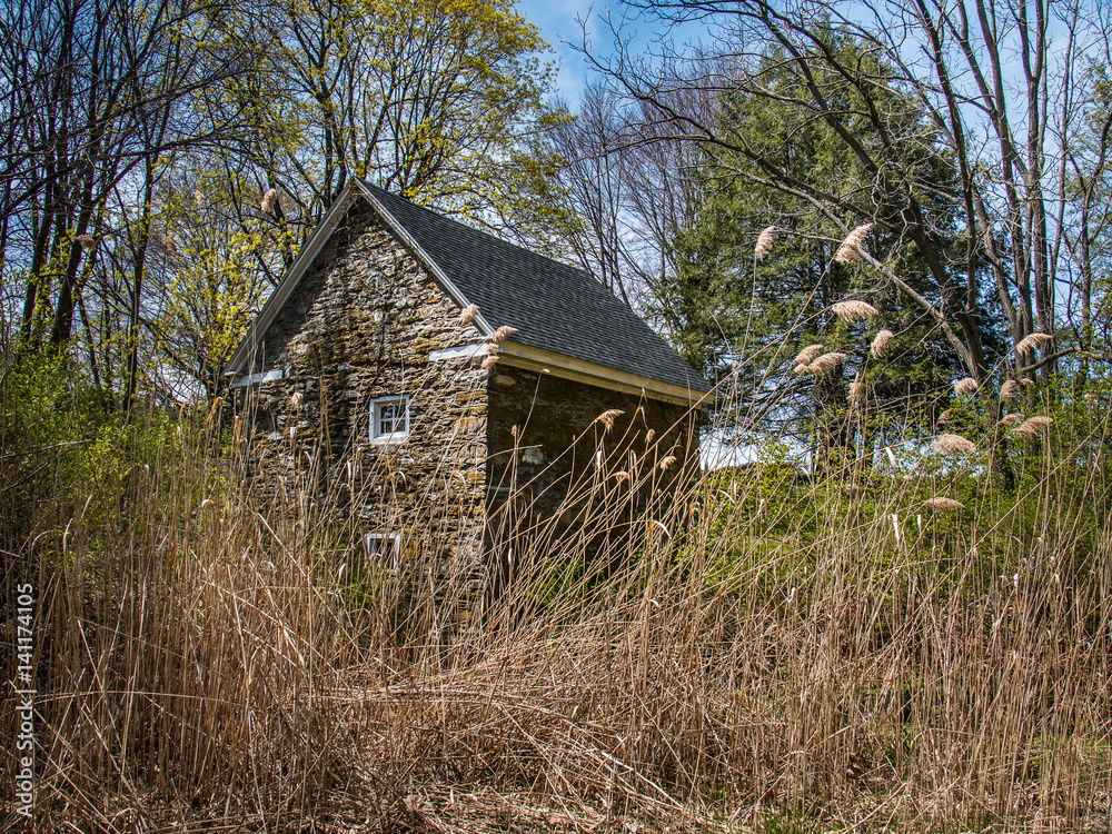 Rustic stone out-building surrounded by tress and high grass in a meadow in eastern Pennsylvania Rustic stone out-building surrounded by tress and high grass in a meadow in eastern Pennsylvania