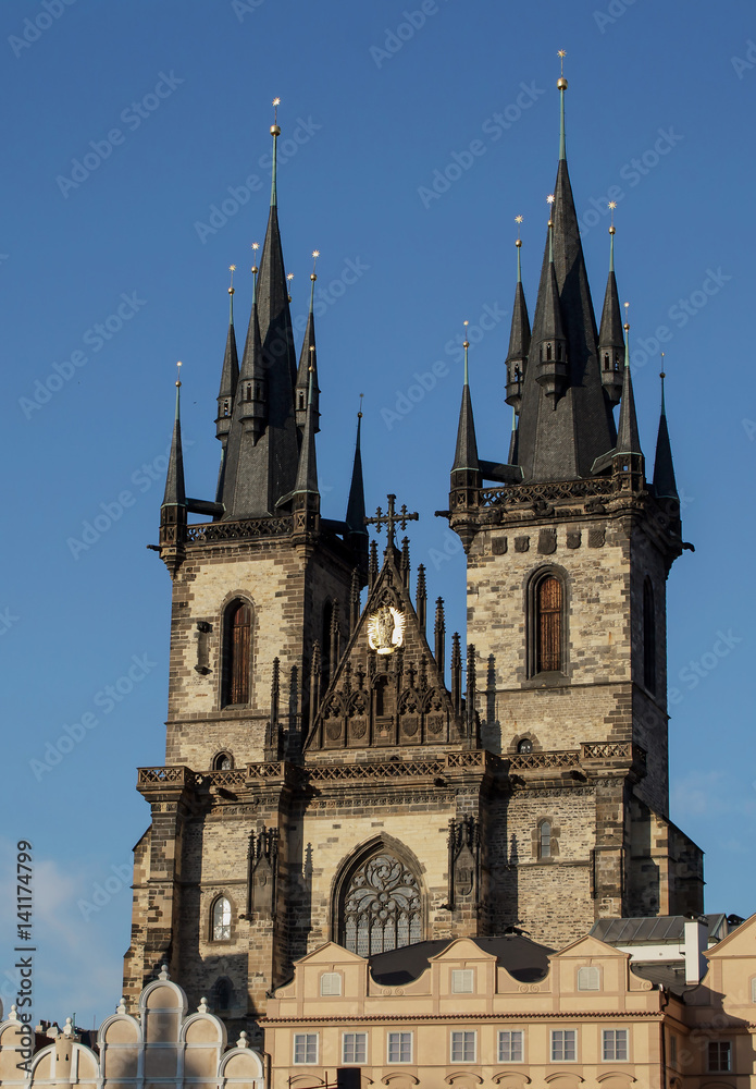 Towers of Tynsky church in Prague, Czech Republic