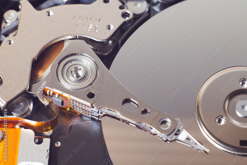 Closeup of an open computer hard drive Closeup of an open computer hard drive