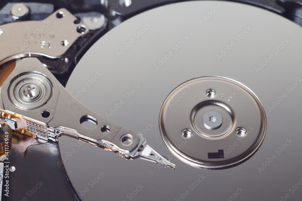 Closeup of an open computer hard drive Closeup of an open computer hard drive