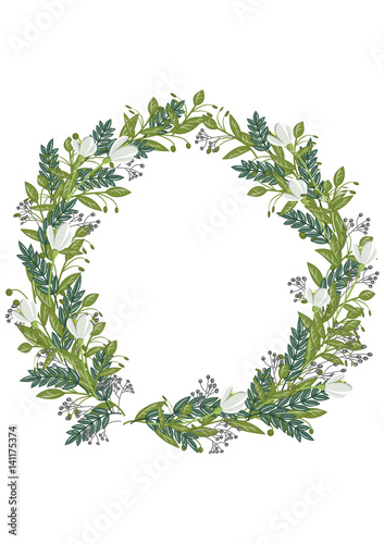A wreath of white snowdrops and a variety of green leaves. Postcard birthday, Valentine's Day, wedding, Women's Day.