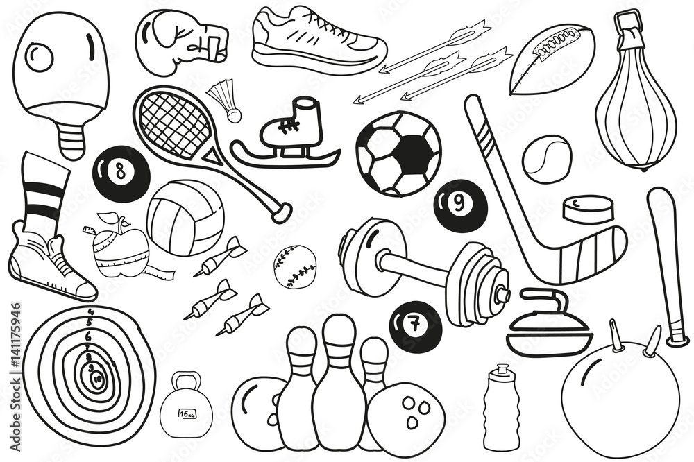 Sport Sketch Equipment Drawing Doodle Collection Stock Vector (Royalty  Free) 568196572 | Shutterstock