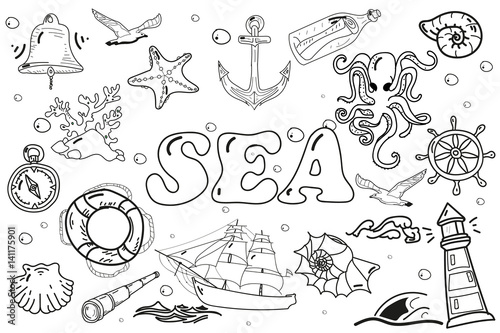 black white drawing. Doodle. vector set of elements of the sea.