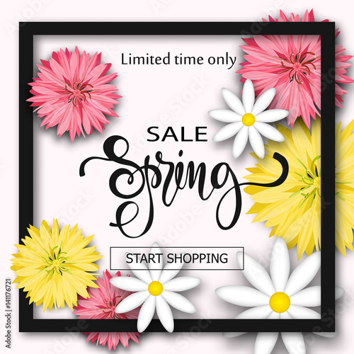 Sale background with flowers. Season discount banner. Vector illustration ,template. Wallpaper, flyers, invitation, posters, brochure.