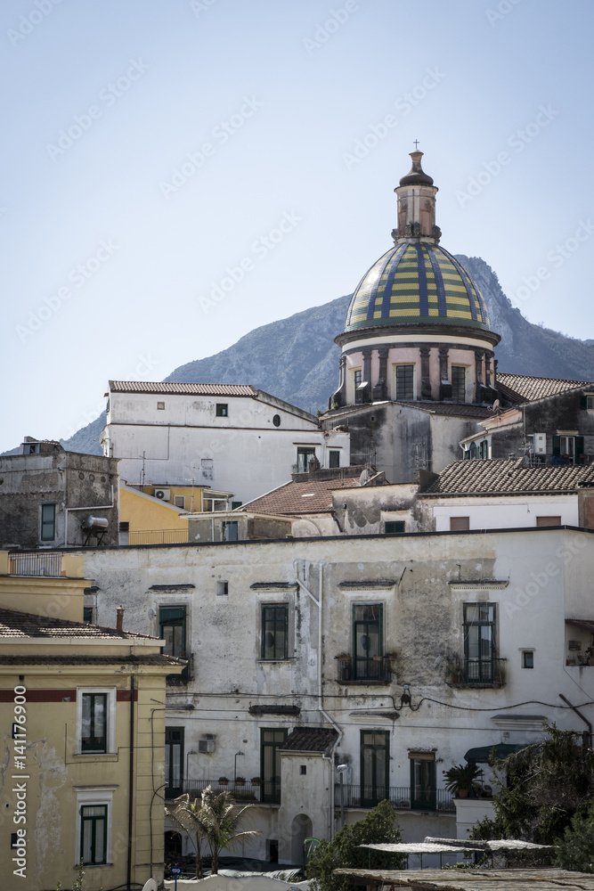 Vietri sul Mare, Amalfi coast (Italy): Dome and bell tower church St. John (San Giovanni Battista), traditional architecture, decorated ceramic dome, vertical view 